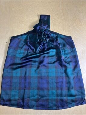 Ann Taylor Navy and Teal Plaid Halter Top size XXSP